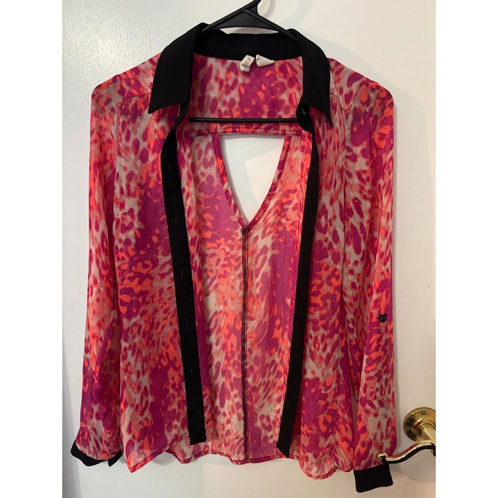 Red Camel Pink Orange Leopard Print Sheer‎ Cutout Back Button Down Blouse XS